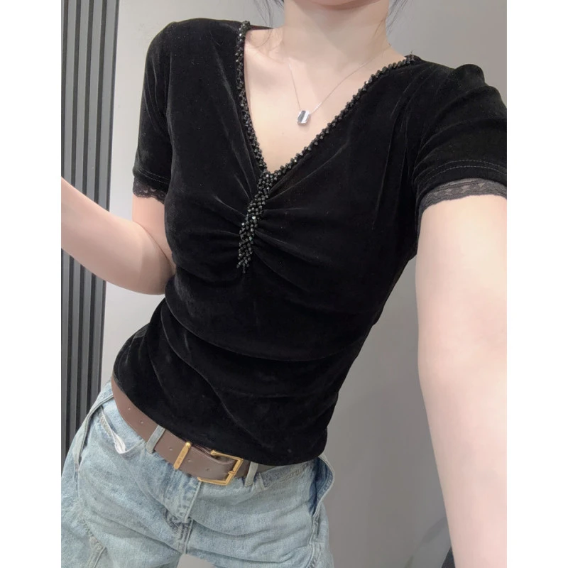 时尚钉珠V领短袖T恤女高级感拼接蕾丝显瘦修身百搭洋气欧货上衣夏