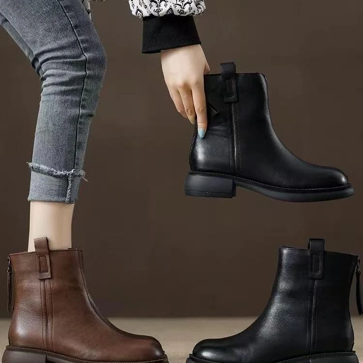 真皮马丁靴女单靴2025秋冬季新款牛皮加绒短靴英伦风切尔西靴8030