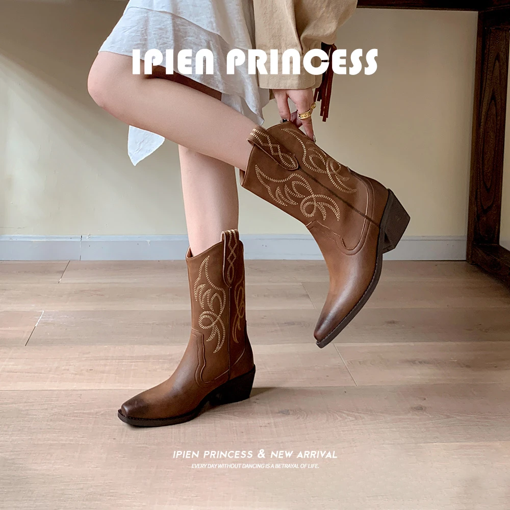 新疆刺绣中筒靴户外沙漠短靴子女2025夏季新款复古厚底西部牛仔靴