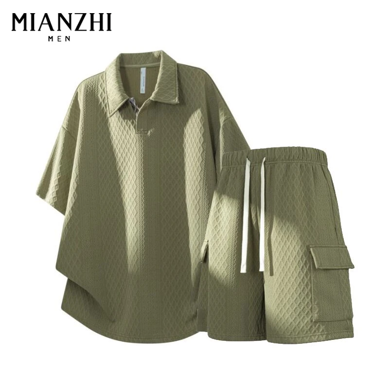 棉致套装男夏季新款短袖polo衫五分裤提花休闲加肥加大宽松两件套