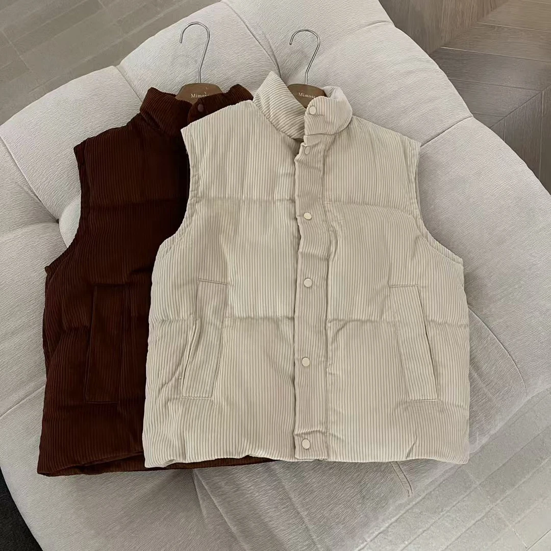 冬季新款灯芯绒宽松百搭立领95绒羽绒马甲（衣长66 胸围120)