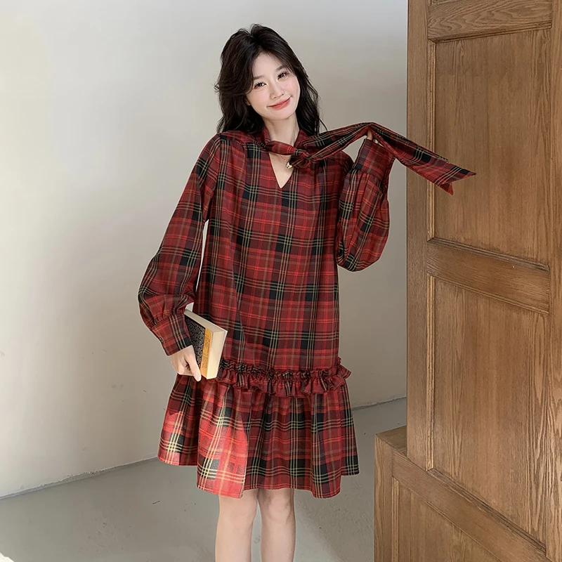 设计感复古格纹木耳边拼接连衣裙女2025秋季新款休闲拼色显瘦裙子