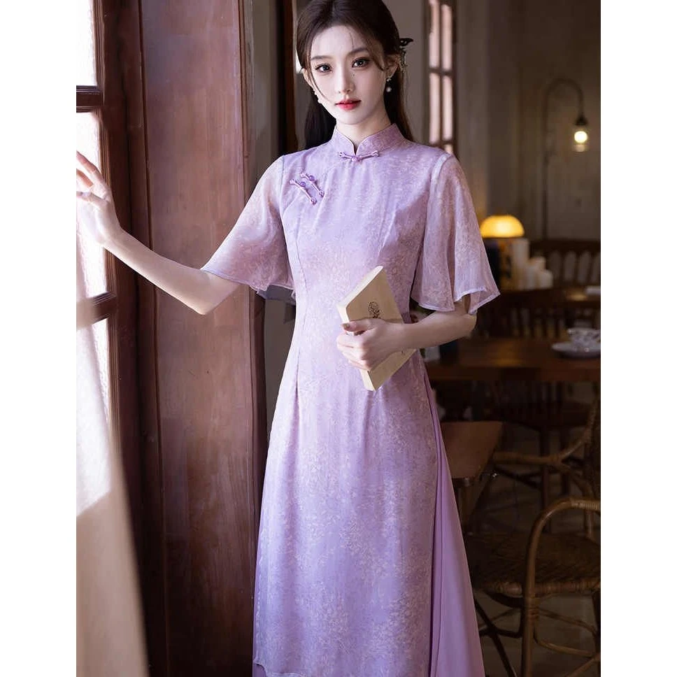 【9915】新中式旗袍2夏季紫色年轻款改良版a摆茶服奥黛新式连衣裙