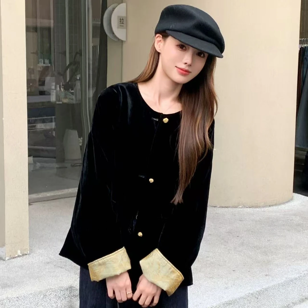 2025秋气质圆领长袖外套女宽松显瘦百搭休闲丝绒双面穿上衣