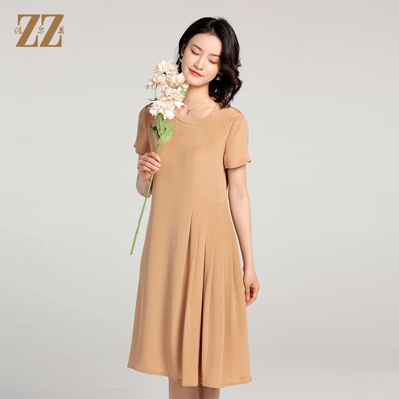 夏季新款100%桑蚕丝真丝气质纯色短袖连衣裙法式裙子女E22LS50