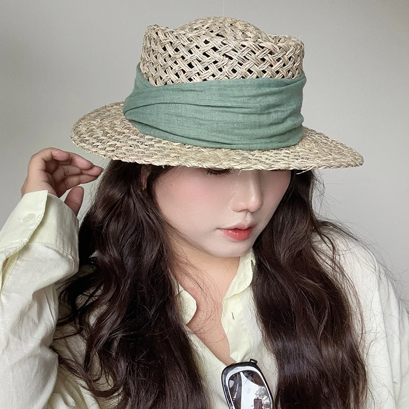 ［大头阿枝］春夏季绿色褶皱绑带礼帽女式优雅时尚锥顶草帽出游沙滩