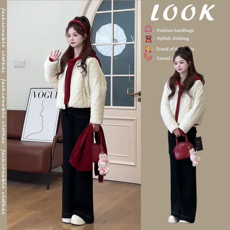 法式时尚女装2025秋冬季时尚减龄菱形格棉衣棉服外套阔腿裤三件套