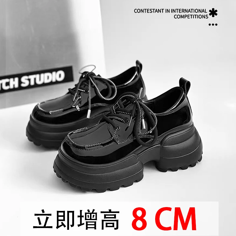 漆皮双鞋带厚底乐福鞋女春粗跟厚底时尚高跟英伦风圆头跟鞋小皮鞋
