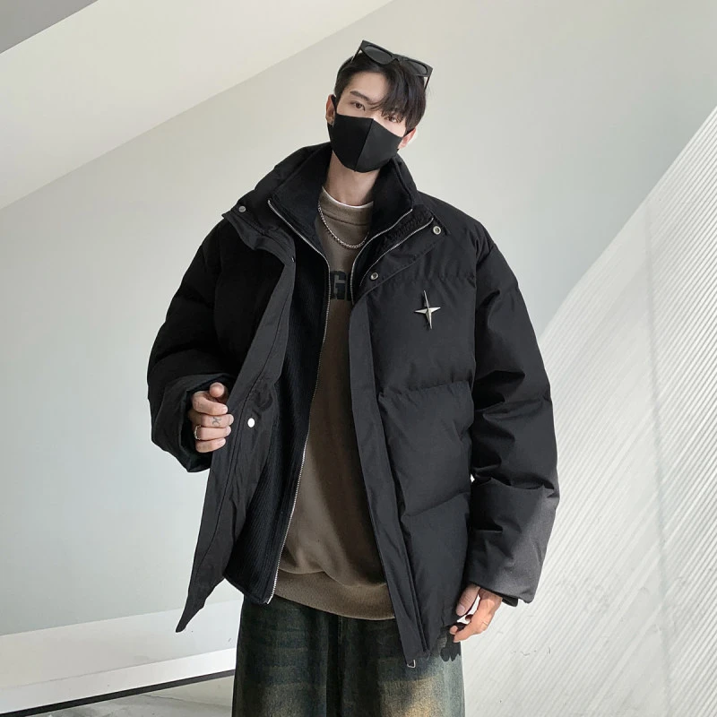 白色pu皮棉服男款冬季假两件立领面包服潮牌加厚棉衣cleanfit外套