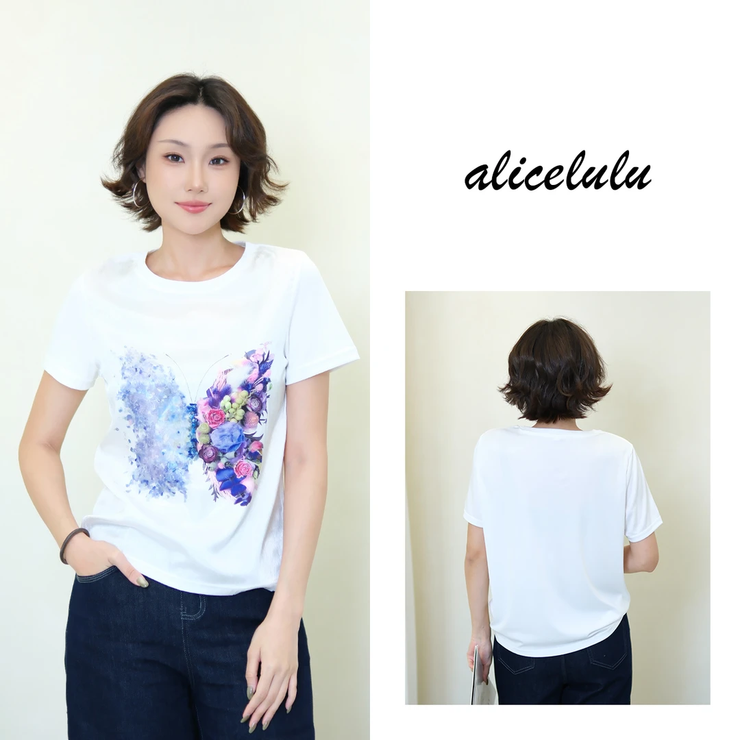 [alicelulu] 时尚休闲蝴蝶印花T恤日常舒适百搭上衣 S2143001T