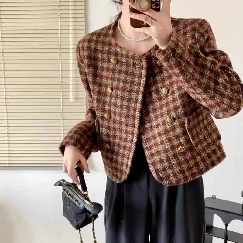 加小香风格子短外套女2025秋冬新款长袖圆领双排扣韩版百搭上衣