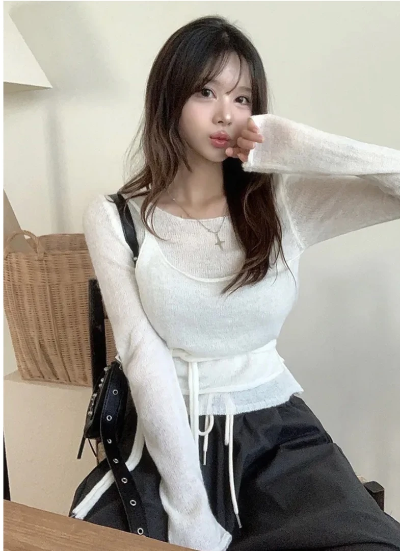 韩国东大门INS风时尚内搭纯欲风假两件百搭长袖系绳针织