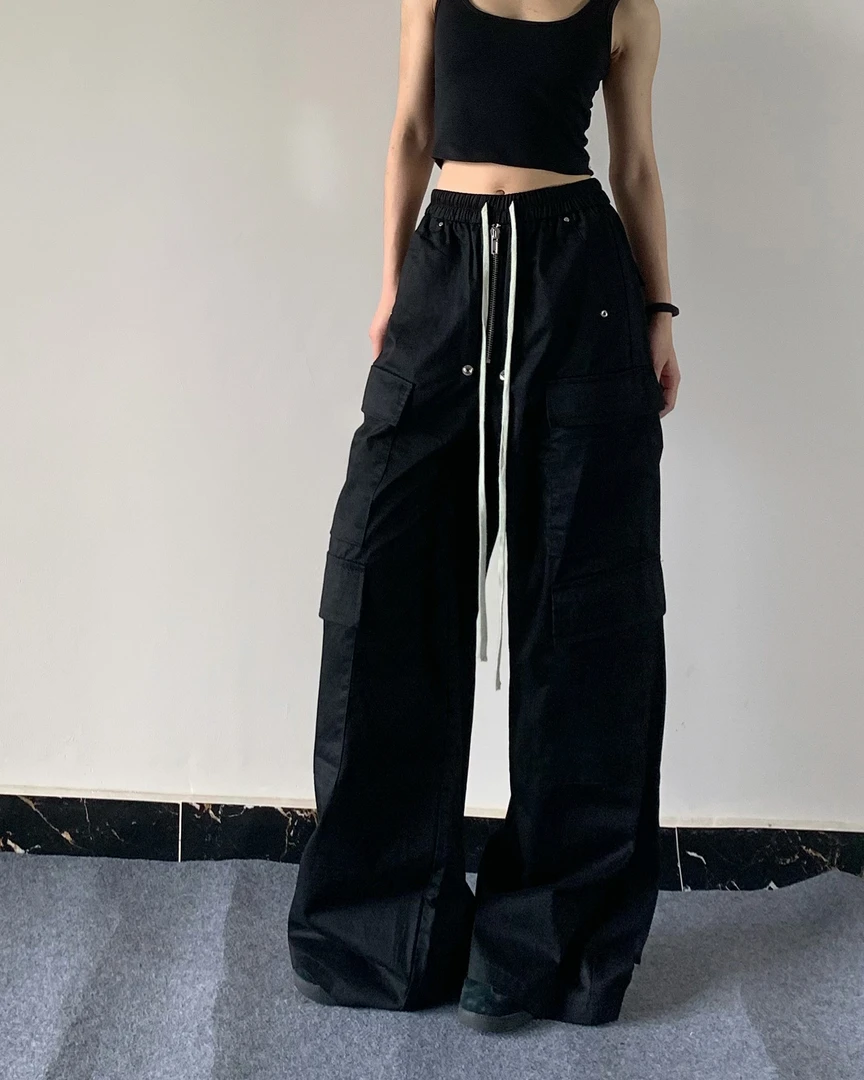 ENXIAOBAI美式高街风格阔腿工装裤情侣暗黑多口袋拖地微喇裤子