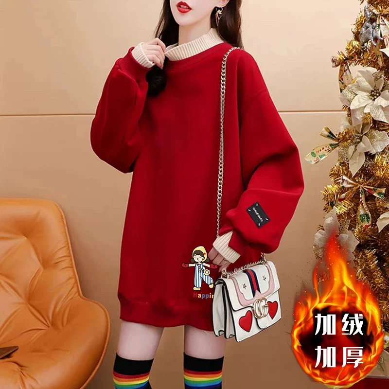 冬季宽松加厚假两件上衣本命年红色胖MM加绒卫衣女士中长款遮屁股