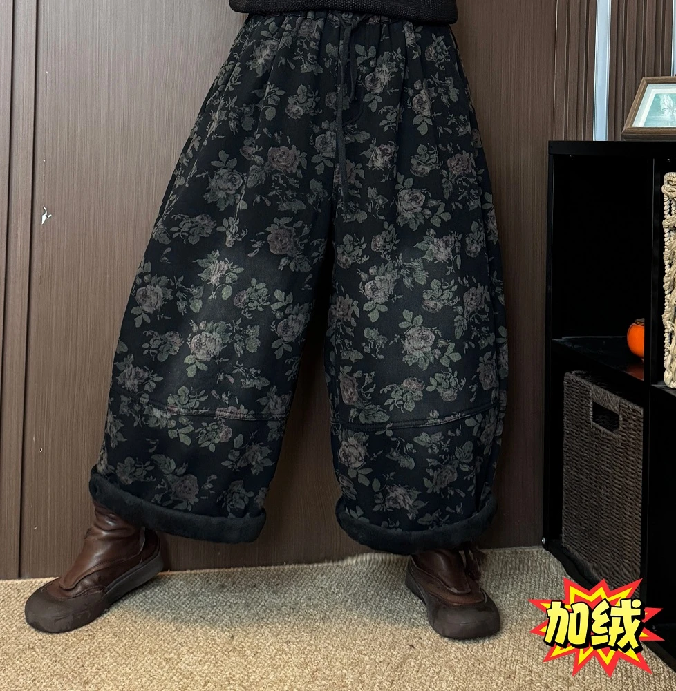 C3388秋冬加绒休闲裤女印花设计感宽松加绒女裤