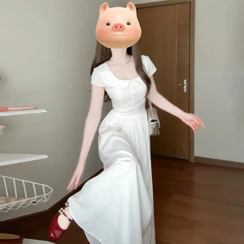 高级感法式白色连衣裙子女装夏季新款娃娃领收腰显瘦气质长裙3642