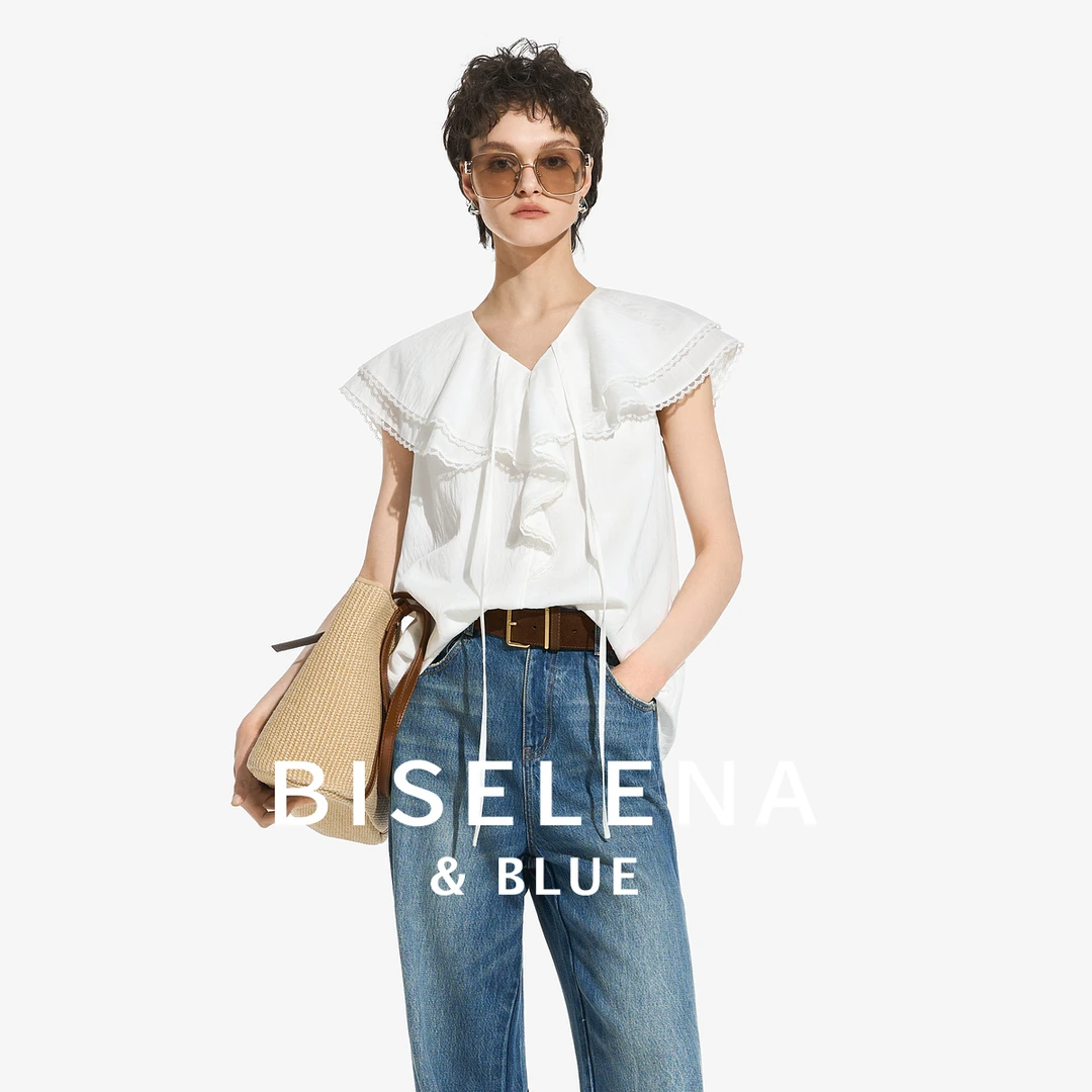 508G贝茜妮【灵动生命力】法式荷叶边短袖衬衫女蕾丝拼接V领衬衣