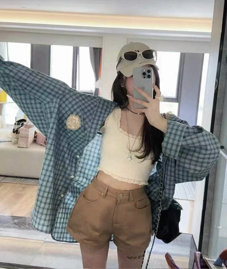 薄款长袖格子防晒落肩袖夏季衬衫韩版女士外穿气质