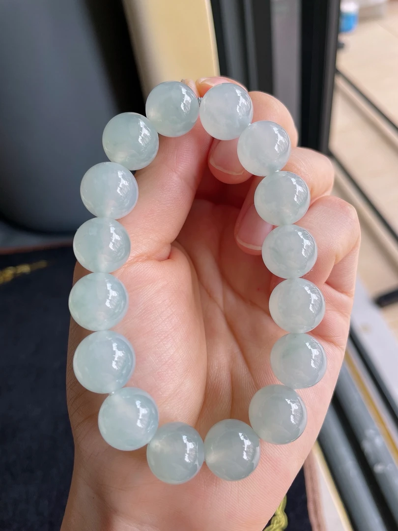 天然翡翠A货冰种浅绿白冰白色圆珠手串手链卡12.6mm-57缅甸玉石