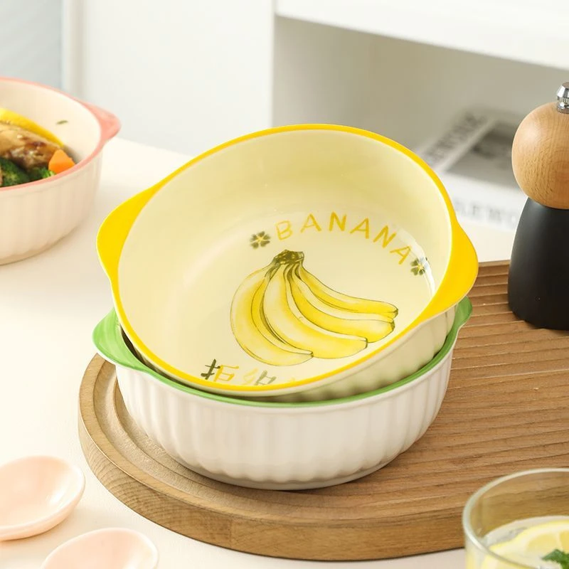 可爱陶瓷双耳烤碗釉下彩水果碗2025年新款网红大容量家用面碗汤碗