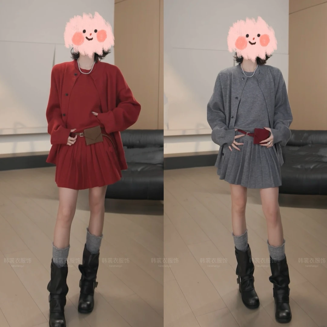 2025早秋新款气质针织套装背心百褶连衣裙开衫两件套