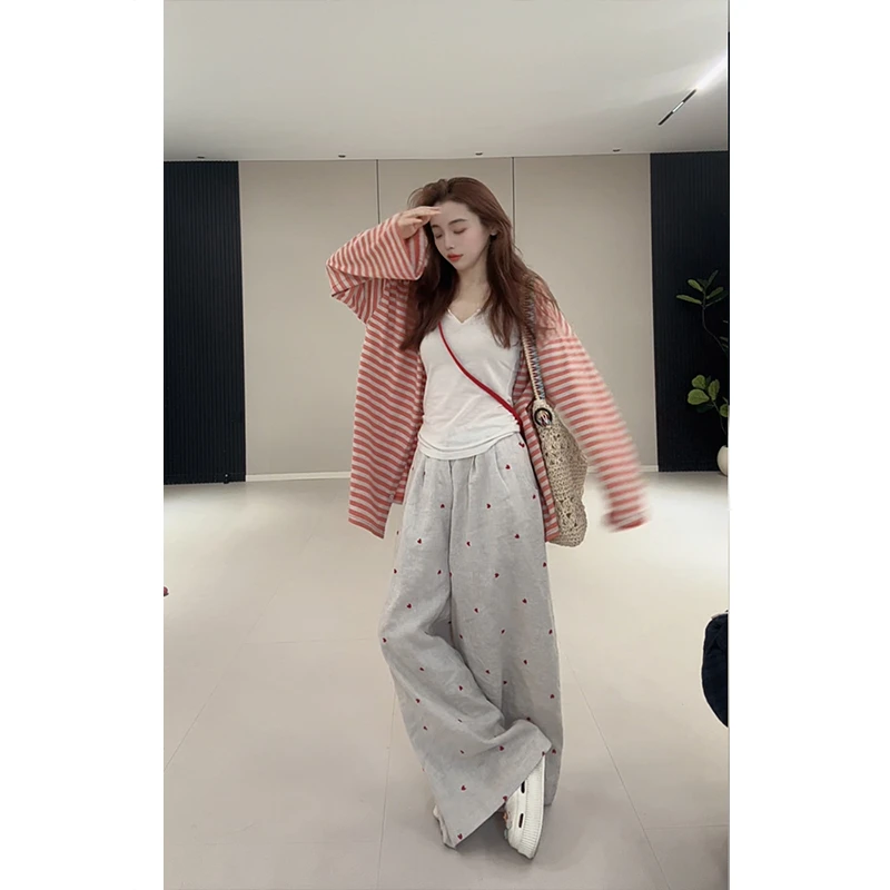 慵懒风撞色红色条纹针织开衫外套女2025秋季款中长款宽松外搭上衣