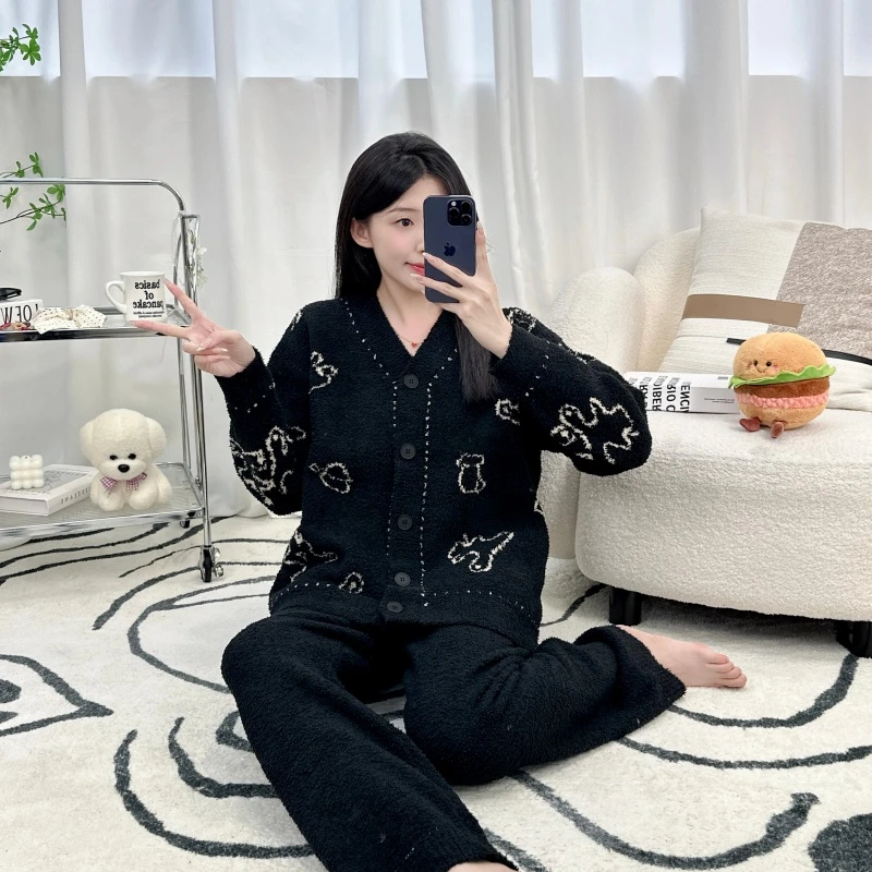 女士睡衣秋冬季卡边绒简约高级感加厚卡通少女冬天家居服套装外穿