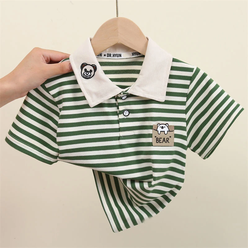 2025夏季男童新款短袖POLO衫可爱洋气条纹翻领刺绣休闲T帅气