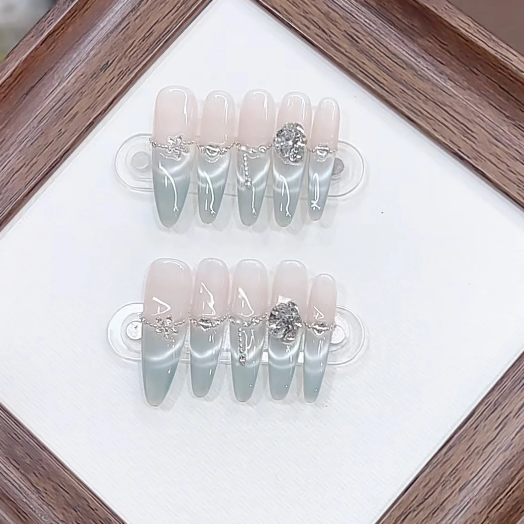 3000 NAIL “柠檬薄荷”设计师高定原创纯手工高级感猫眼显白穿戴甲