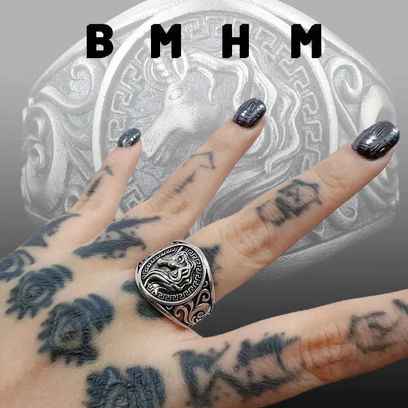 BMHM 铜合金戒指 独角兽戒指男士潮嘻哈ins 个性潮男复古食指开口
