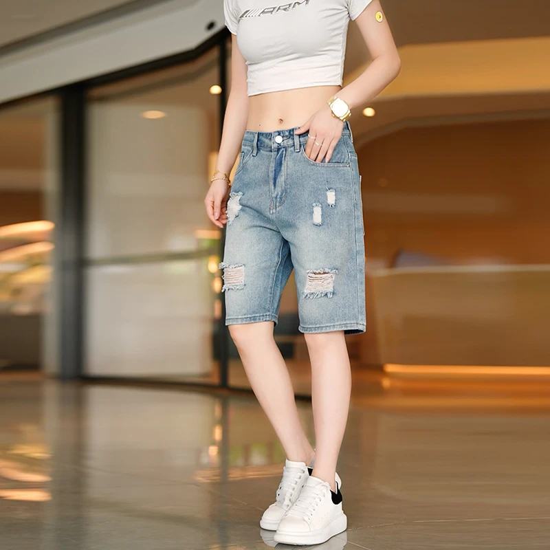 男士牛仔裤夏季中裤夏季韩版男士破洞短裤百搭显瘦外穿极简风裤子