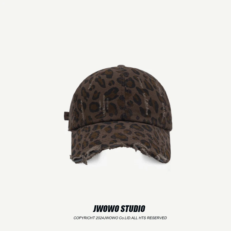 美式甜酷街头辣妹豹纹棒球帽女潮人时髦复古做旧宽檐棒球帽显脸小