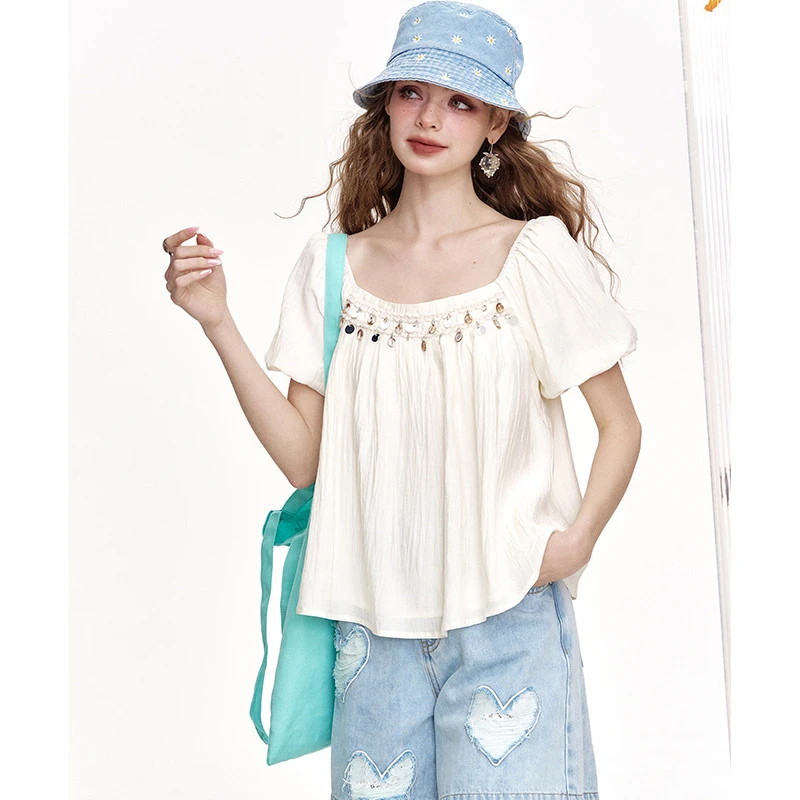 【达人专属】妖精的口袋妖精的口袋时尚百搭方领衬衫贝壳串珠泡泡