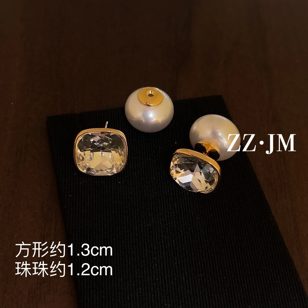 铜合金仿水晶耳饰 （方糖两戴珠）耳钉复古精致简约优雅