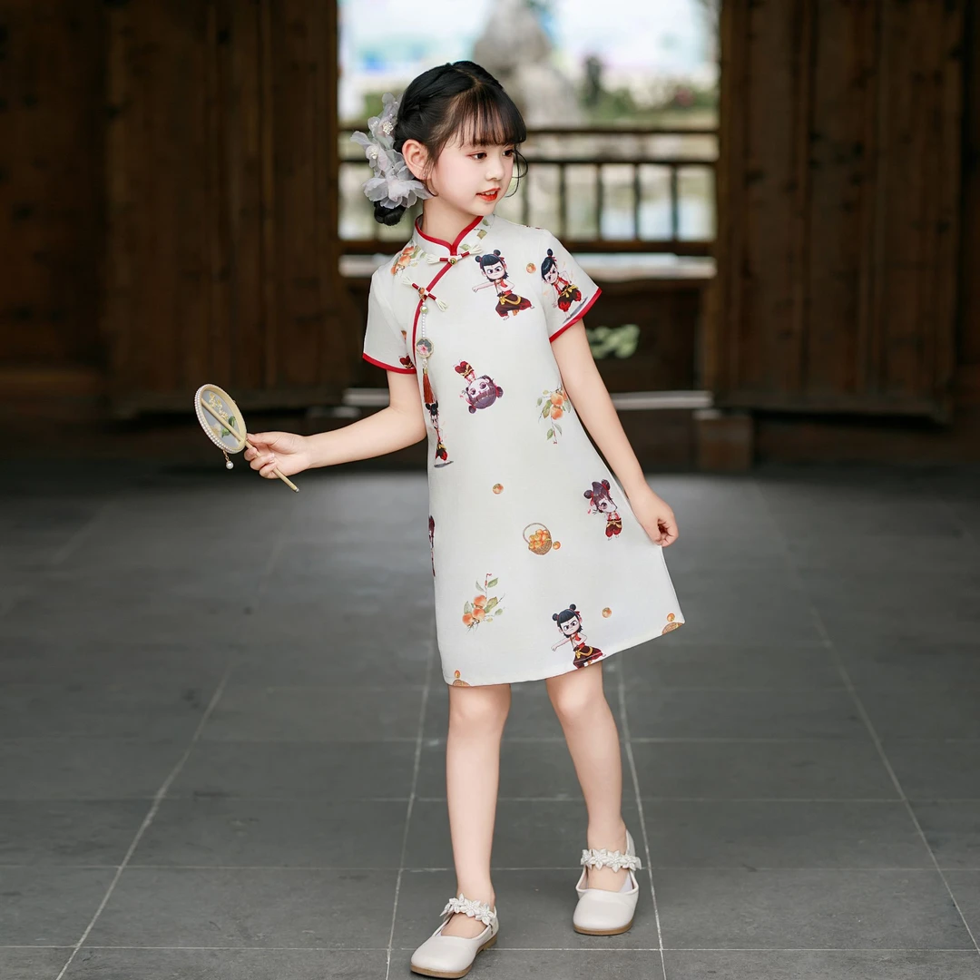 儿童旗袍夏装女童国风复古哪吒印花国潮公主洋气薄款短袖旗袍裙