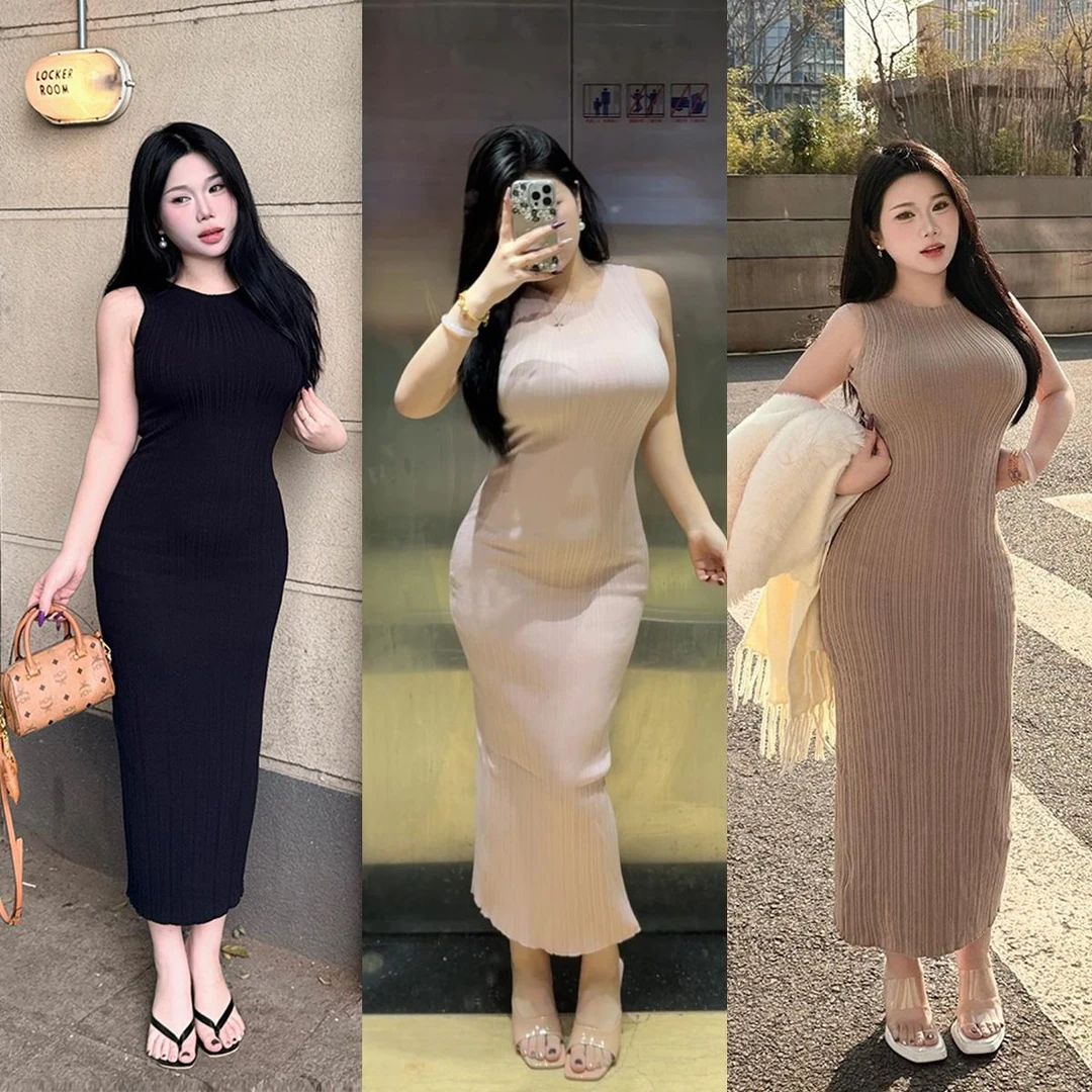 醉月衫【黑桃千金】微胖mm大码女装无袖背心连衣裙修身收腰包臀长裙