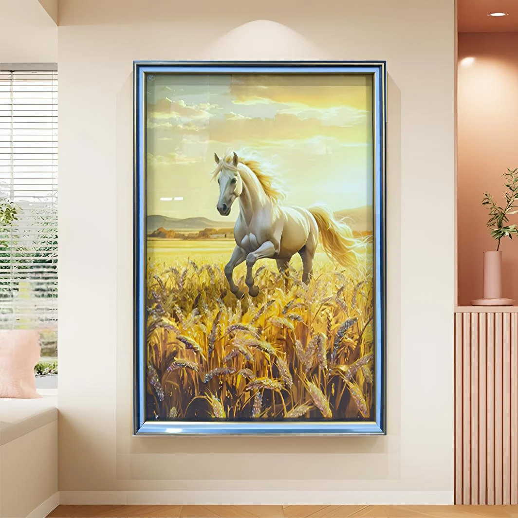 钢化玻璃【马到功成】卧室床头装饰画轻奢背景墙挂画壁画竖版10070