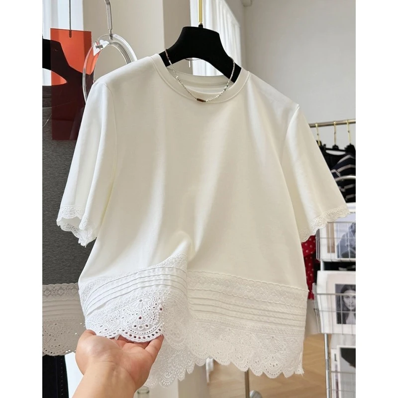 D00196夏日独特漂亮小上衣女韩系高级感蕾丝花边拼接短袖T恤半袖