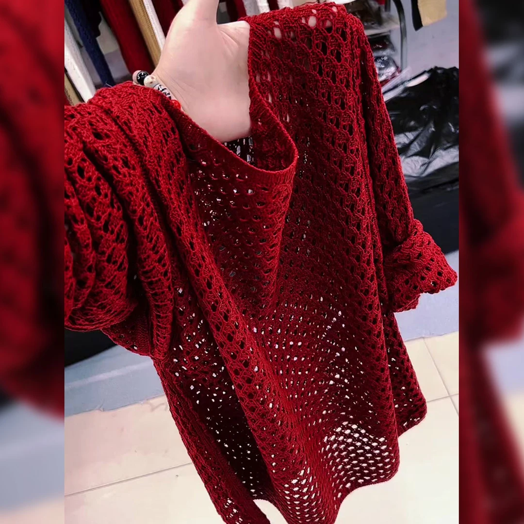 法式高级时尚百搭复古气质红色上衣女2025早秋透气镂空长袖针织衫