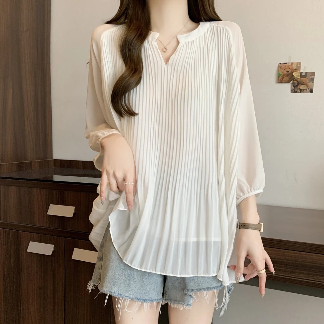 大码女装法式荷叶边遮肚子短袖雪纺衫女夏季胖mm宽松显瘦t恤上衣