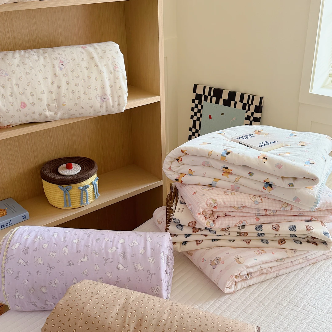 适禾家韩系小清新贝壳边三角针全棉双层纱夏被单件床上用品柔软