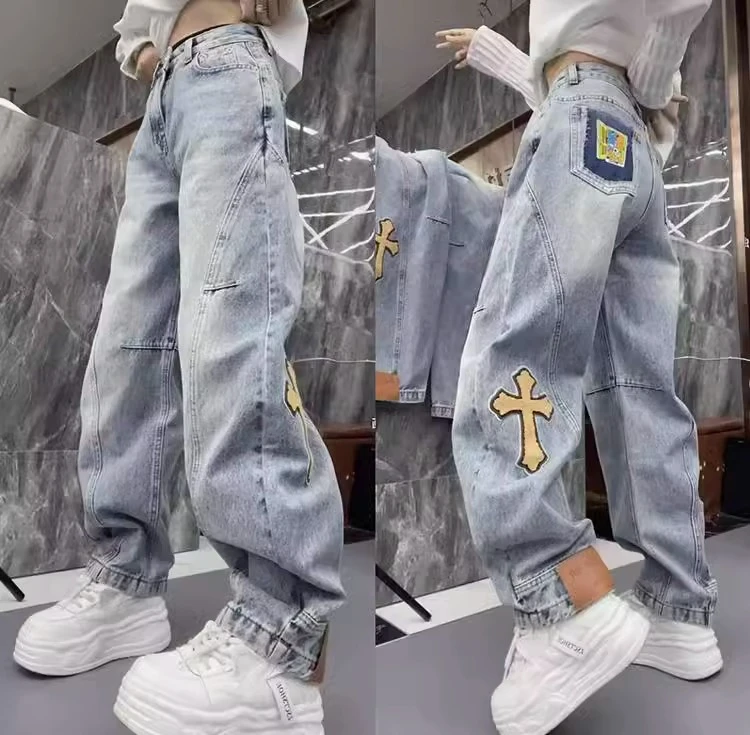 2025春季新款爆款洋气工装裤女高腰显瘦阔腿牛仔裤宽松潮流弯刀裤