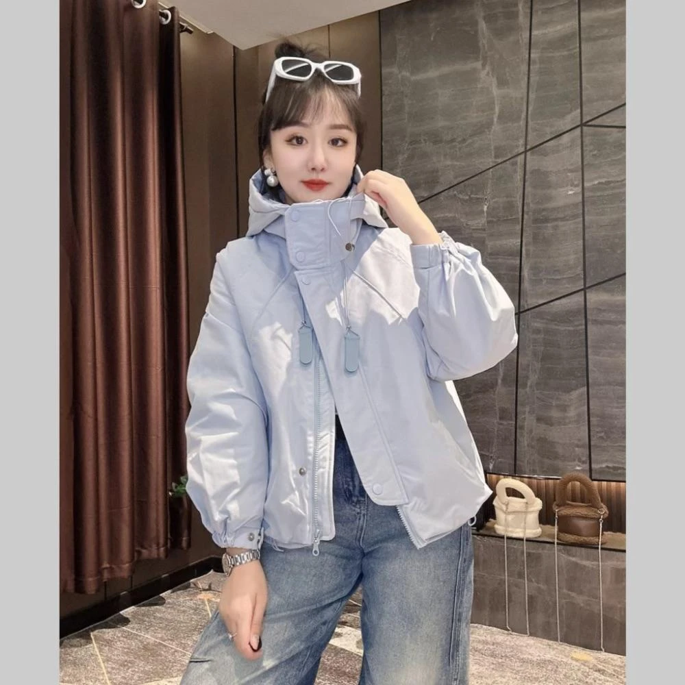 欧货2025春季新款连帽二棉外套女夹棉冲锋衣短款宽松薄棉夹克衫潮