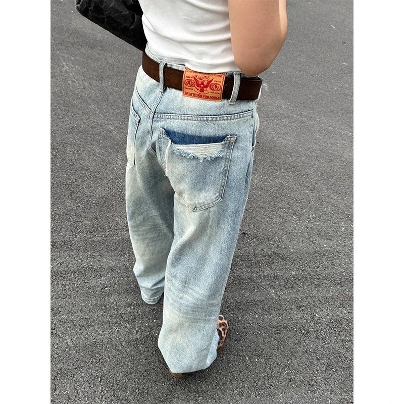 美式复古水洗浅色直筒宽松牛仔裤女2025夏季新款垂感阔腿拖地裤