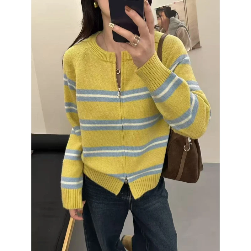 5560秋冬新款女装长袖叠穿拼色条纹翻领针织衫毛衣双拉链设计潮流