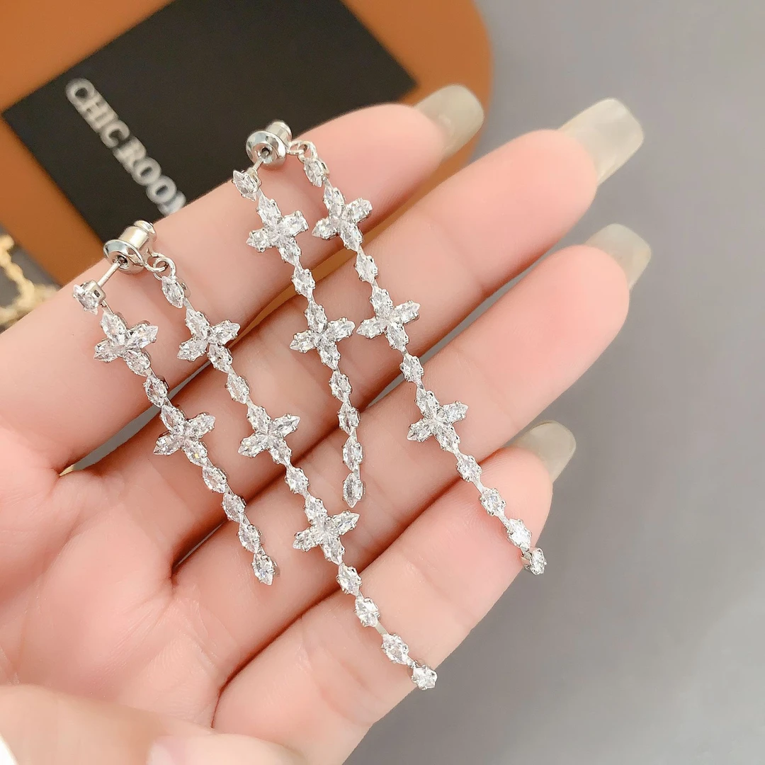 黄铜锆石耳饰 镶钻前后叠戴时尚轻奢小众个性精致十字流苏耳饰