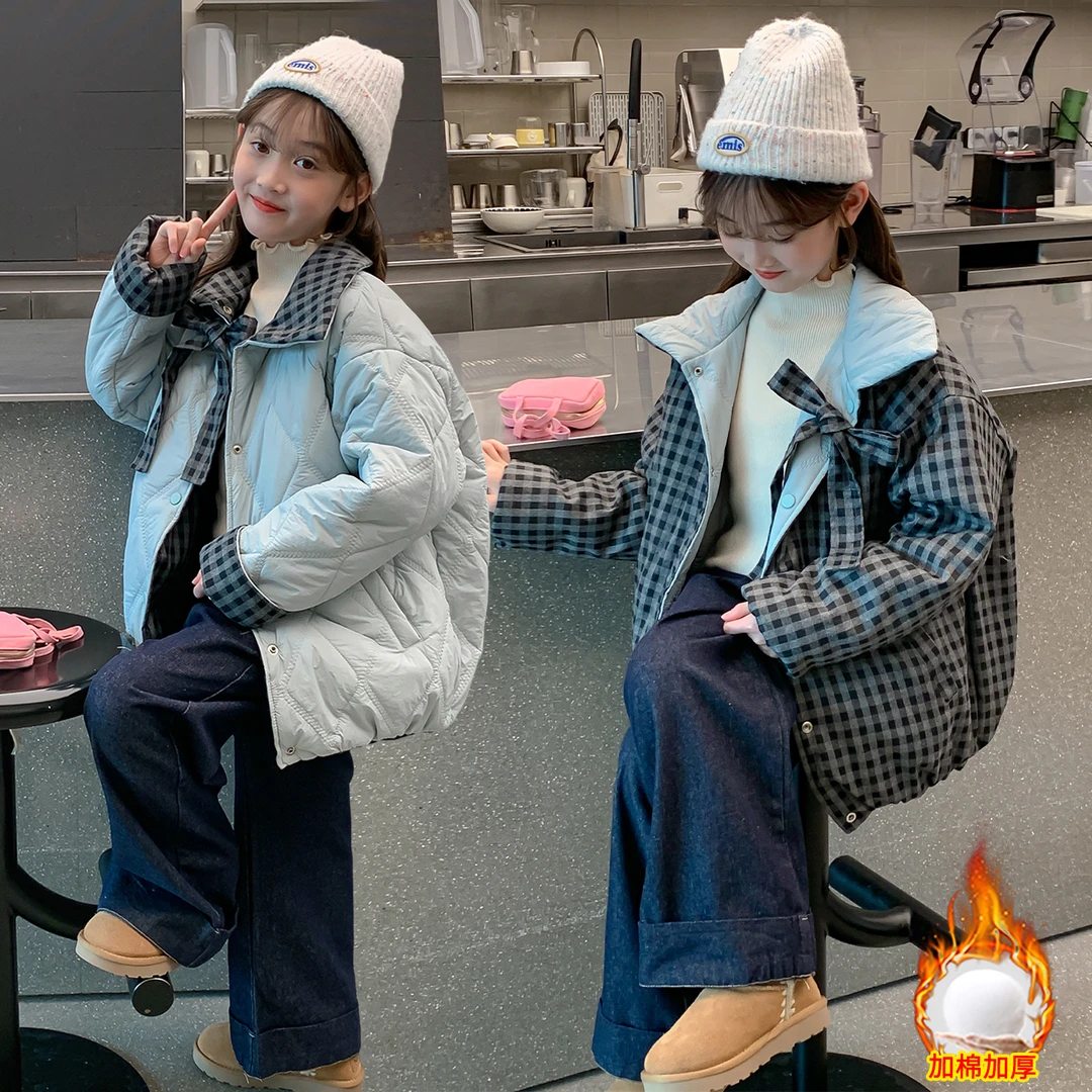 女童棉服2025新款儿童双面穿洋气时髦夹棉外套大童冬季轻薄款棉衣
