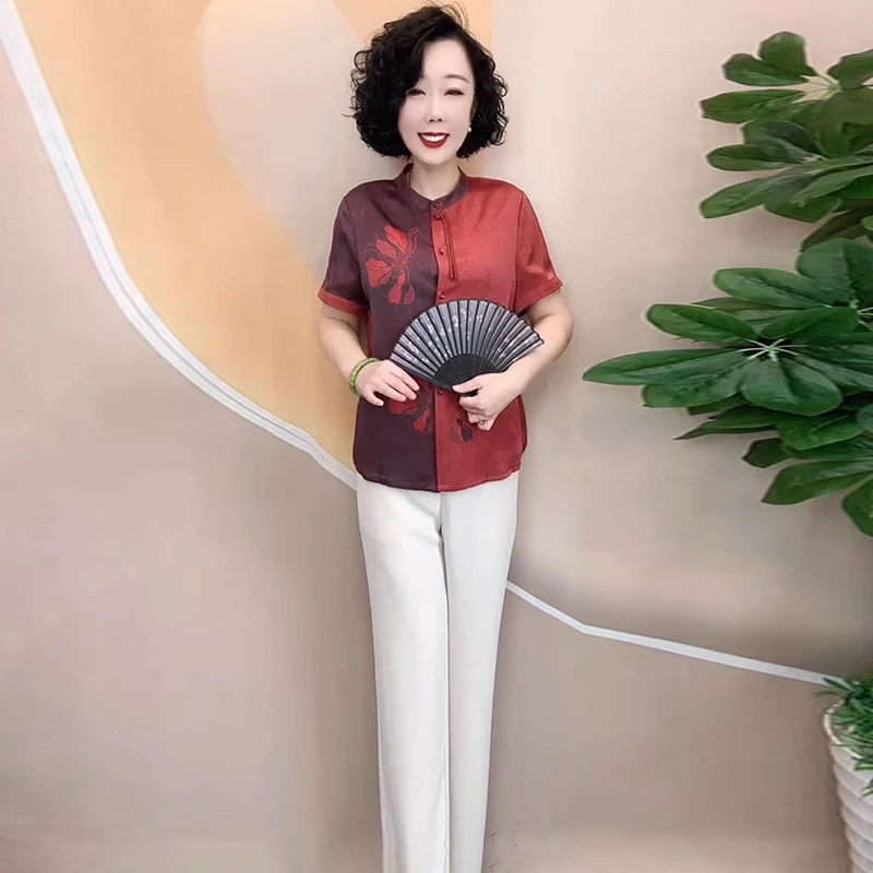 休闲开衫拼色衬衫夏季新款中老年洋气复古衬衣气质妈妈时尚上衣女