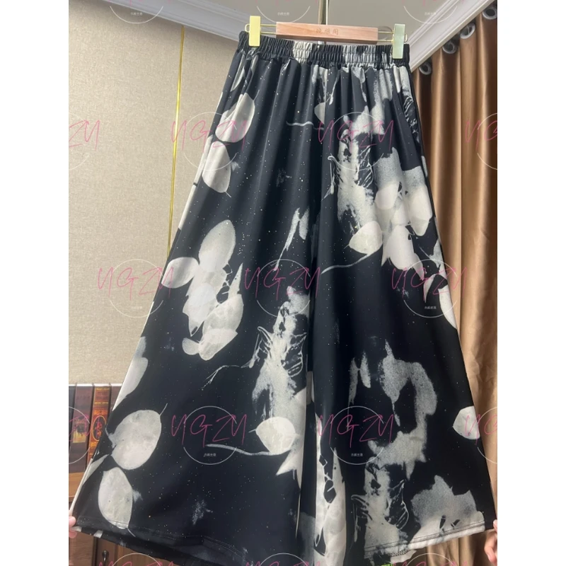 058/新款气质漂亮水墨花阔腿裤女士夏凉裤松紧腰水