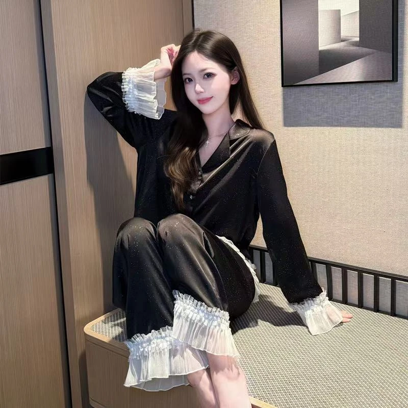 睡衣女款冰丝春秋2025新款高级感夏季蕾丝甜美少女洋气家居服套装